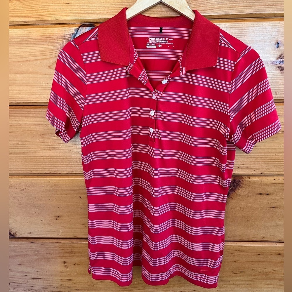 Nike Golf Womens Shirt L Red Striped Polo Short Sleeve Tour Preformance Dri fit
